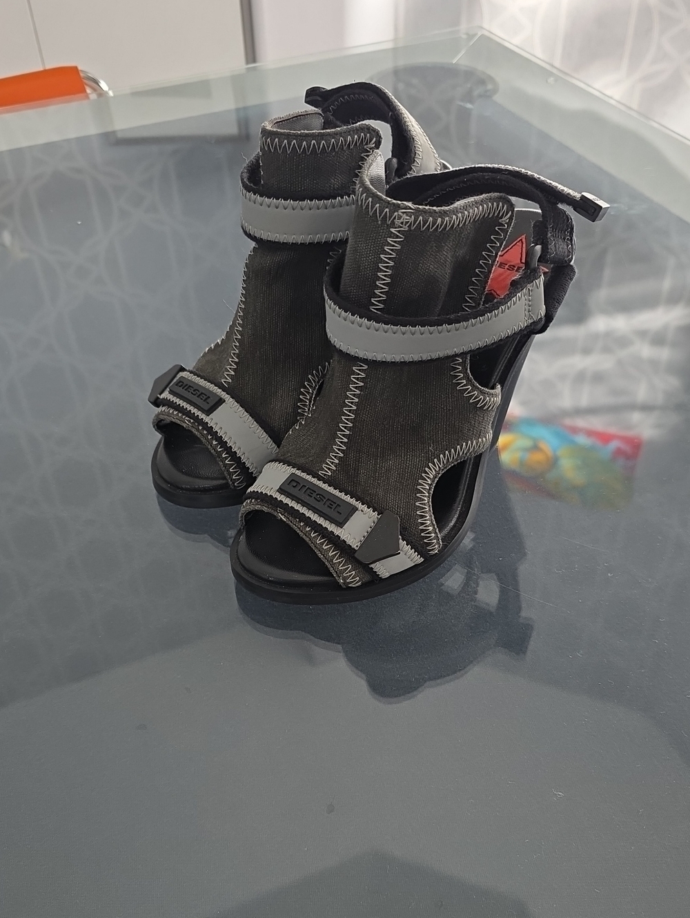 Diesel Black and Gray Open-Toe Hook-and-Loop Sandals